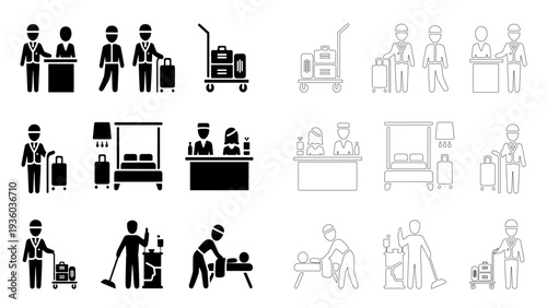 Hotel service and hospitality icon set featuring reception, bellboy, housekeeping, and spa massage.