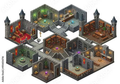 Isometric 3D castle layout illustration showcasing various rooms and towers from a top-down viewpoint