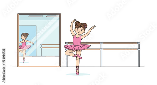 A charming cartoon ballerina in a bright pink tutu practices a graceful ballet pose inside a studio with a mirror and a wooden barre.