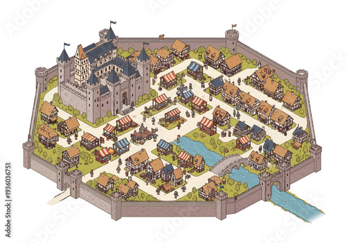 Aerial View of a Walled Medieval Town with Castle and River