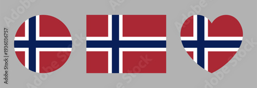Norway flag round, rectangular, heart sticker. Flag of Norway button, badge set. National circle, rectangle, heart flag Norway icon, template.