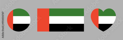 United Arab Emirates flag round, heart, rectangular shaped badges. National flag of UAE. Circle, rectangle, heart flag of United Arab Emirates set.