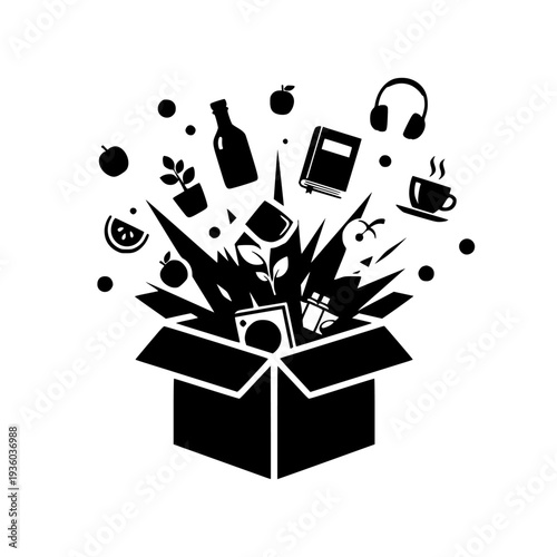 subscription box surprise unboxing black silhouette vector isolated on white