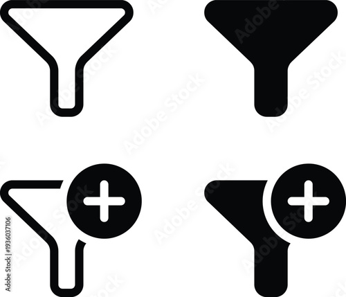 Minimalistic Filter Funnel Icon with Addition Plus Symbol for Data Analysis, Business Process, Marketing, Technology, Search Optimization. Graphic User Interface, and Data Filtering Solutions