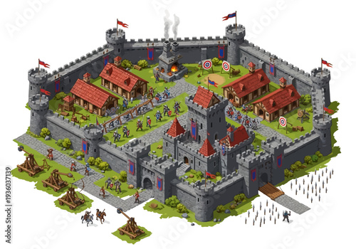 Aerial view of a medieval castle with fortified walls and village inside