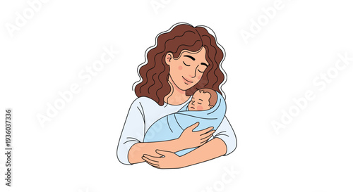 A loving woman with curly brown hair gently holds a peacefully sleeping baby wrapped in a blue blanket against a clean white background.