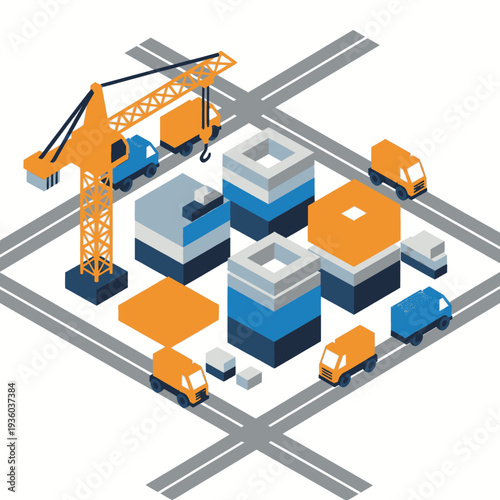 Isometric Construction Site with Crane and Trucks.