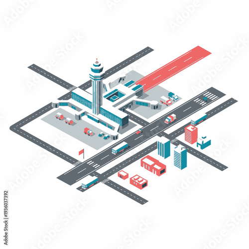 Isometric Illustration of Airport Terminal and Infrastructure.