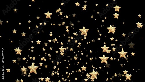 Mesmerizing animation of falling gold stars on black background. Magical and elegant celestial effect, for festive video intro, New Year, visual effects at award ceremonies. High quality 4k footage