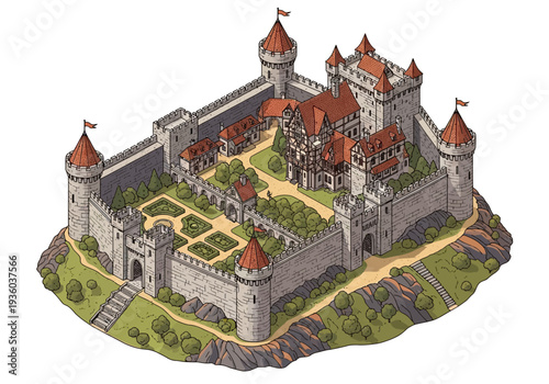 Aerial View of a Medieval Castle with Gardens and Towers