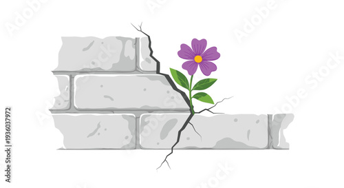 A vibrant purple flower with green leaves is shown growing defiantly from a jagged crack in a broken grey brick wall, set against a clean white background.