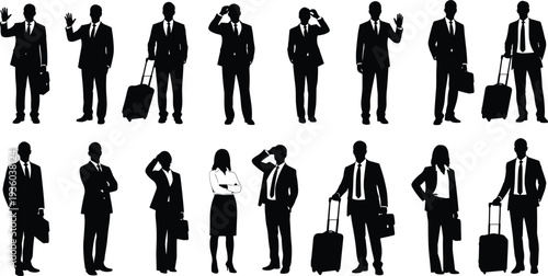 Professional silhouettes of business people and travelers in suits with suitcases and briefcases, featuring various poses like waving, standing, and walking for corporate travel designs.
