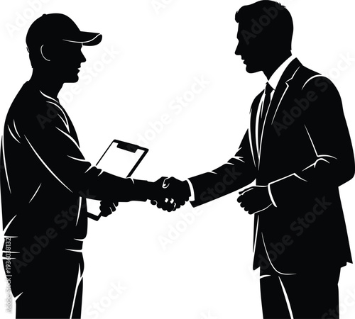 Handshake silhouette between delivery worker holding clipboard and businessman in suit symbolizing successful deal, partnership, service agreement