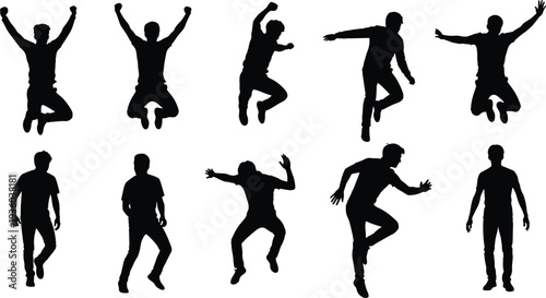 Set of energetic young men silhouettes jumping and celebrating with joy, featuring various athletic poses of success, happiness, and freedom for modern lifestyle and youth vector designs.