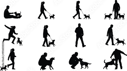 Silhouettes of people walking and playing with dogs in various poses like running, sitting, and training, ideal for pet care, veterinary, and animal friendship vector designs.