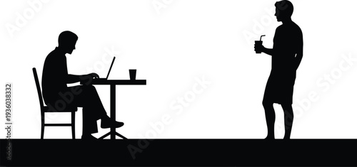 Silhouettes of two young men at a cafe with one sitting at a table using a laptop while the other stands holding a drink with a straw.