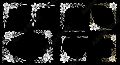 Elegant white and gold floral corner borders and botanical frame vectors on black background