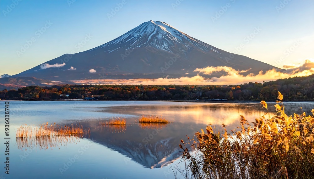 Fototapeta premium Mount Fuji reflecting in Lake Kawaguchiko at sunrise, Japan.