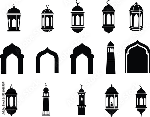 Collection of islamic lantern and mosque architecture silhouettes for ramadan decoration