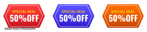 Red, purple, and orange hexagon labels for special deals and 50 percent off discount promotions