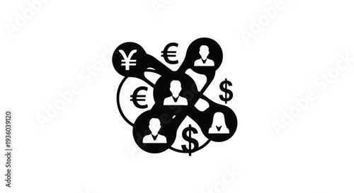 Global business network connections international finance commerce concept with people icons and currency symbols