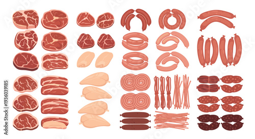 A diverse assortment of raw beef, pork, chicken, and various sausage types is neatly arranged in rows on a pristine white background.