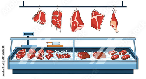 A butcher shop display showcases various raw meat cuts hanging from hooks above a refrigerated glass case filled with fresh meat on ice.