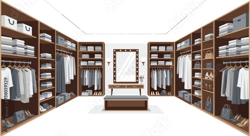 A spacious, well-lit walk-in closet with dark wooden shelves displays an extensive collection of neatly organized clothing, accessories, and footwear around a central mirrored vanity.