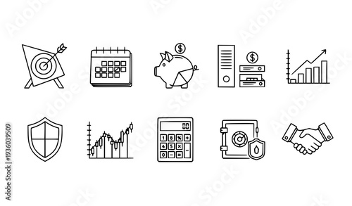 A set of financial icons including a target, calendar, piggy bank, and safe