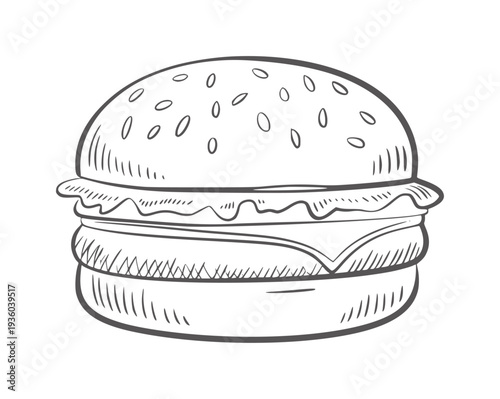 Black and white line of a hamburger with sesame seeds and cheese food