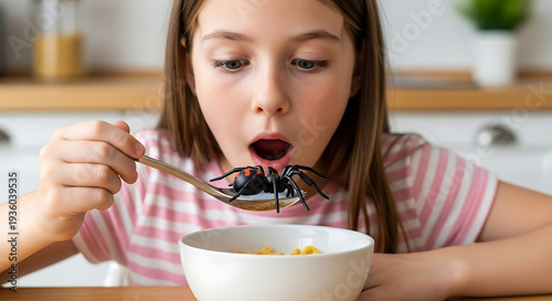 Shocked young girl finding large black toy spider in her cereal bowl during breakfast on april fools day morning for a scary family prank at home