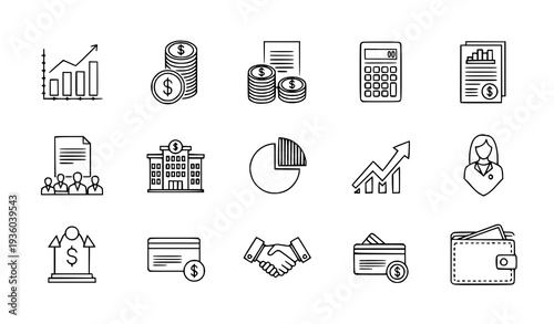 A set of financial icons in a minimal line art style