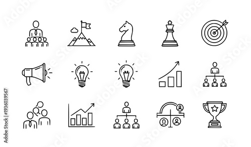 A set of business strategy icons in a flat line art style