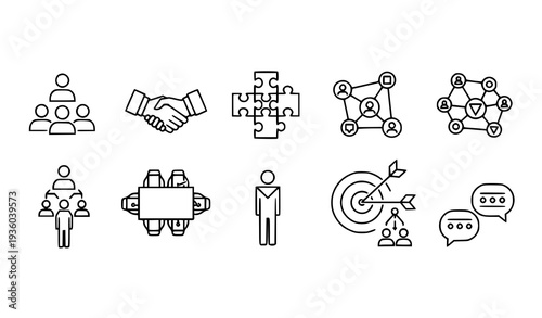 A set of business and teamwork icons in a minimalist line art style