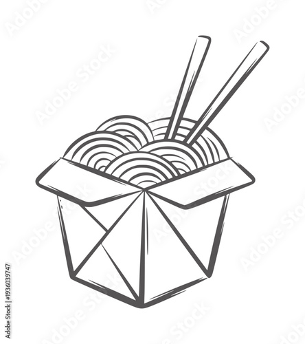 Black and white line of open takeout box filled with noodles and chopsticks