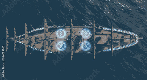 Aerial View of Futuristic Vessel with Glowing Circular Elements