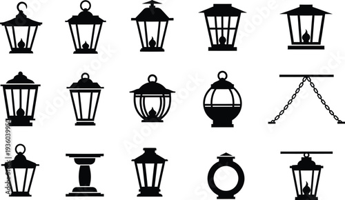 A collection of various vintage and decorative lantern silhouettes in black and white.