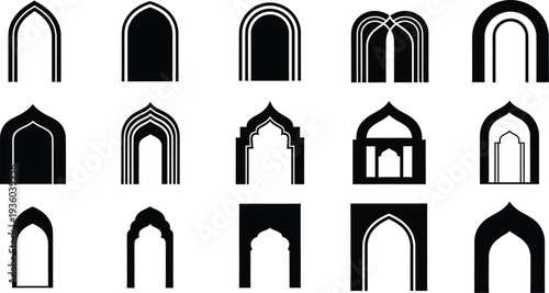 A collection of various black and white architectural arch silhouettes and icons for design.