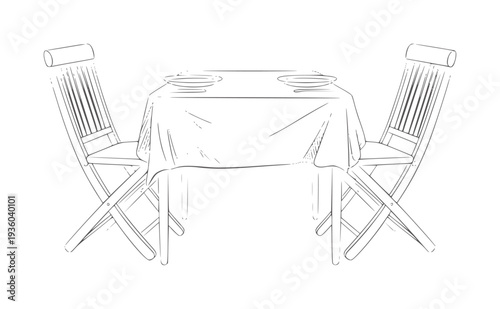 Simple line of a table with two chairs and plates