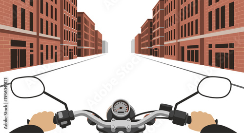 A first-person motorcycle perspective captures a rider's hands on handlebars and a speedometer, navigating an empty city street lined with red brick buildings.