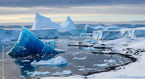 A serene landscape of icy blue glaciers floating in a calm body of water surrounded by snow and rocks under a cloudy sky