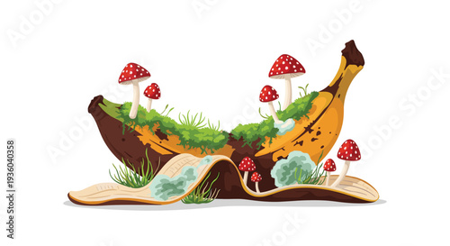 A decaying banana peel, split lengthwise, hosts vibrant red-capped mushrooms, green moss, and mold on a white background.