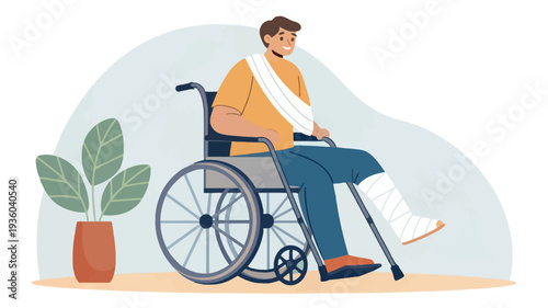 Young man in wheelchair with cast on leg and arm smiling