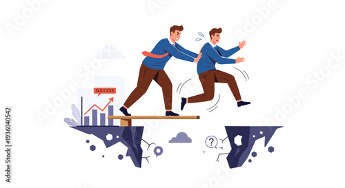 A man pushes another fearful man across a narrow wooden plank bridging a deep chasm with a success graph nearby.