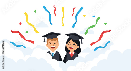 A cheerful male and female graduate smile wearing black caps and gowns amidst white clouds with colorful confetti ribbons.