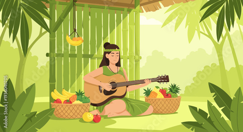 Woman Playing Guitar Surrounded by Tropical Fruits.