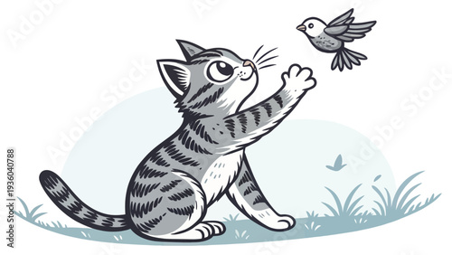 Curious cat playfully reaching for flying bird in grassy field