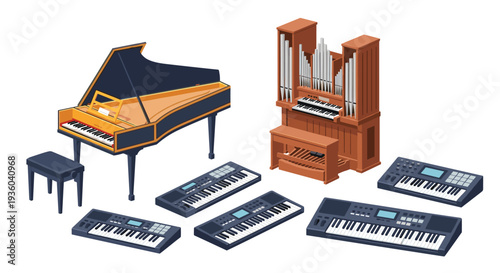 An isometric collection of musical instruments including an open golden-brown grand piano, a large wooden pipe organ, and four electronic keyboards.