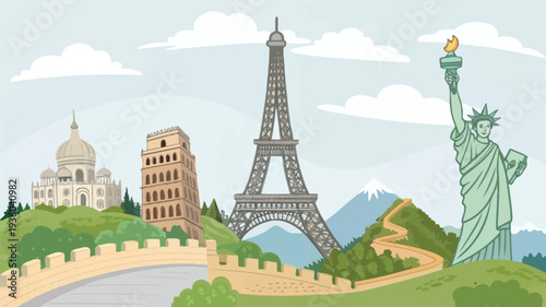 Iconic landmarks from around the world in a scenic landscape