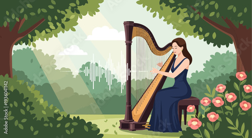 Woman playing harp in a serene garden setting.